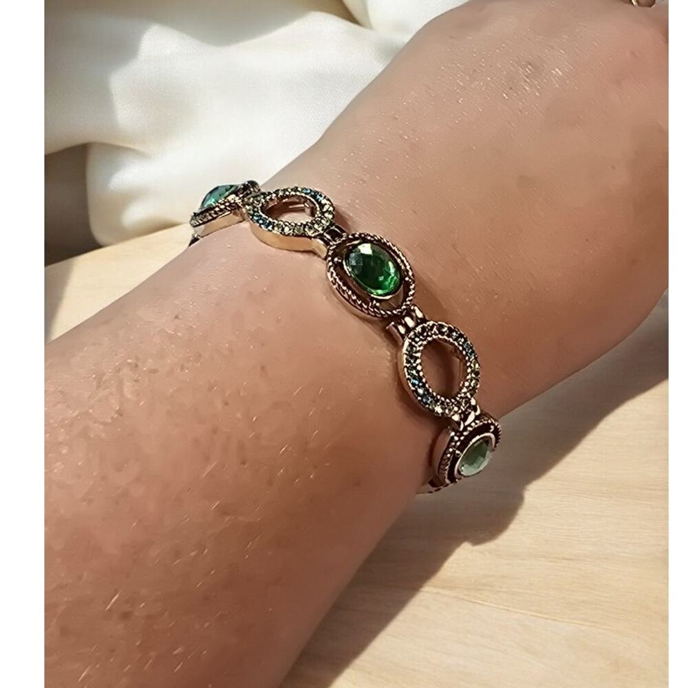 Napier Green Crystal Stretch Bracelet Vintage Gold Tone Moody Glam